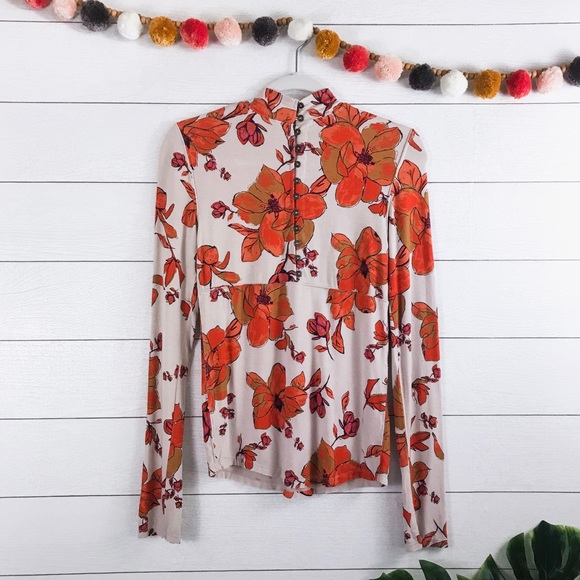 Free People •Orange Floral Mock Neck Chocolate Top - Picture 6 of 8